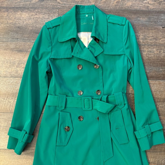 Calvin Klein Jackets & Blazers - CALVIN KLEIN WOMEN'S DOUBLE BREASTED SHORT TRENCH WITH BELT KELLY GREEN SZ M